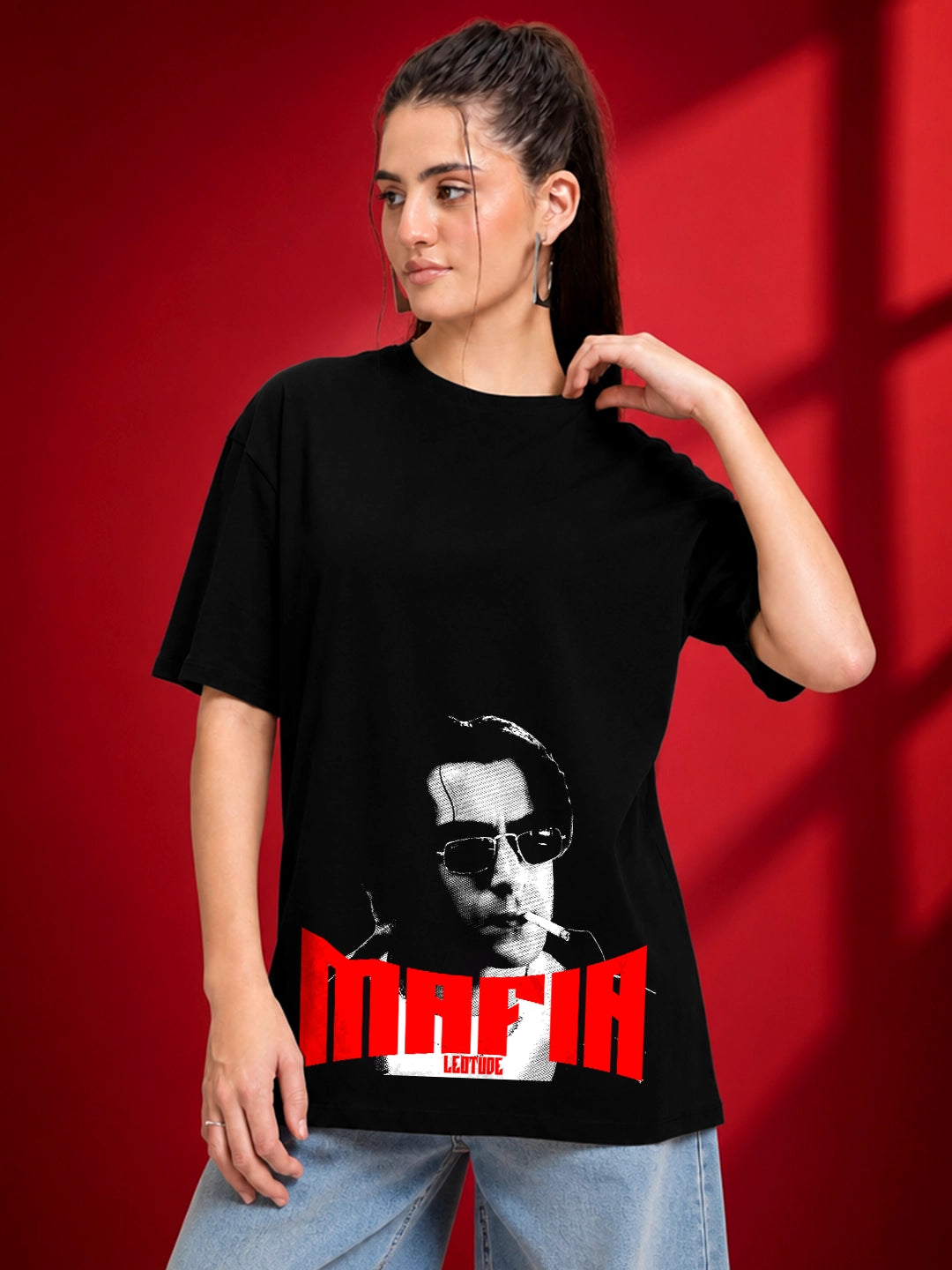 Leotude Black Mafia Printed Oversized Tshirt for Women
