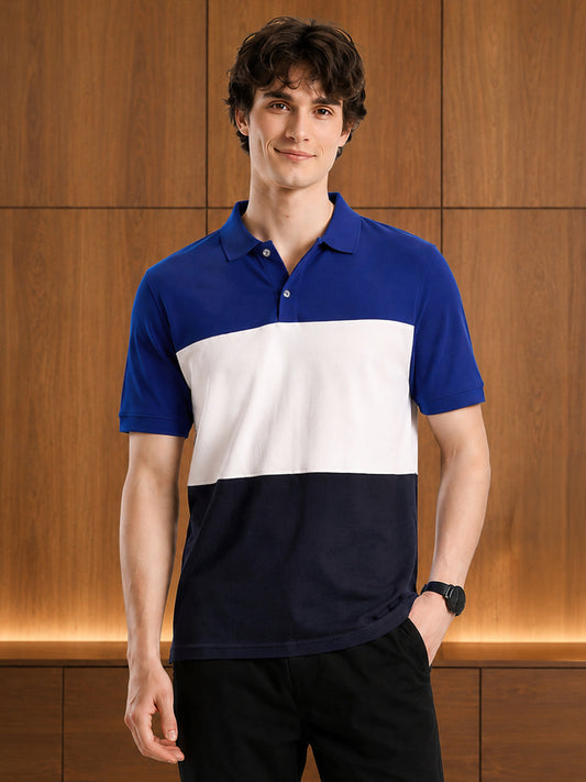 Leotude Men's Royal Blue Colour Block Polo T-Shirt