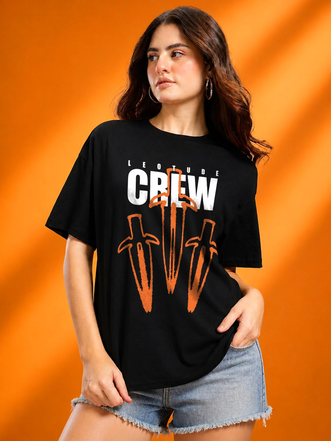 Leotude Black Crew Printed Oversized Tshirt for Women