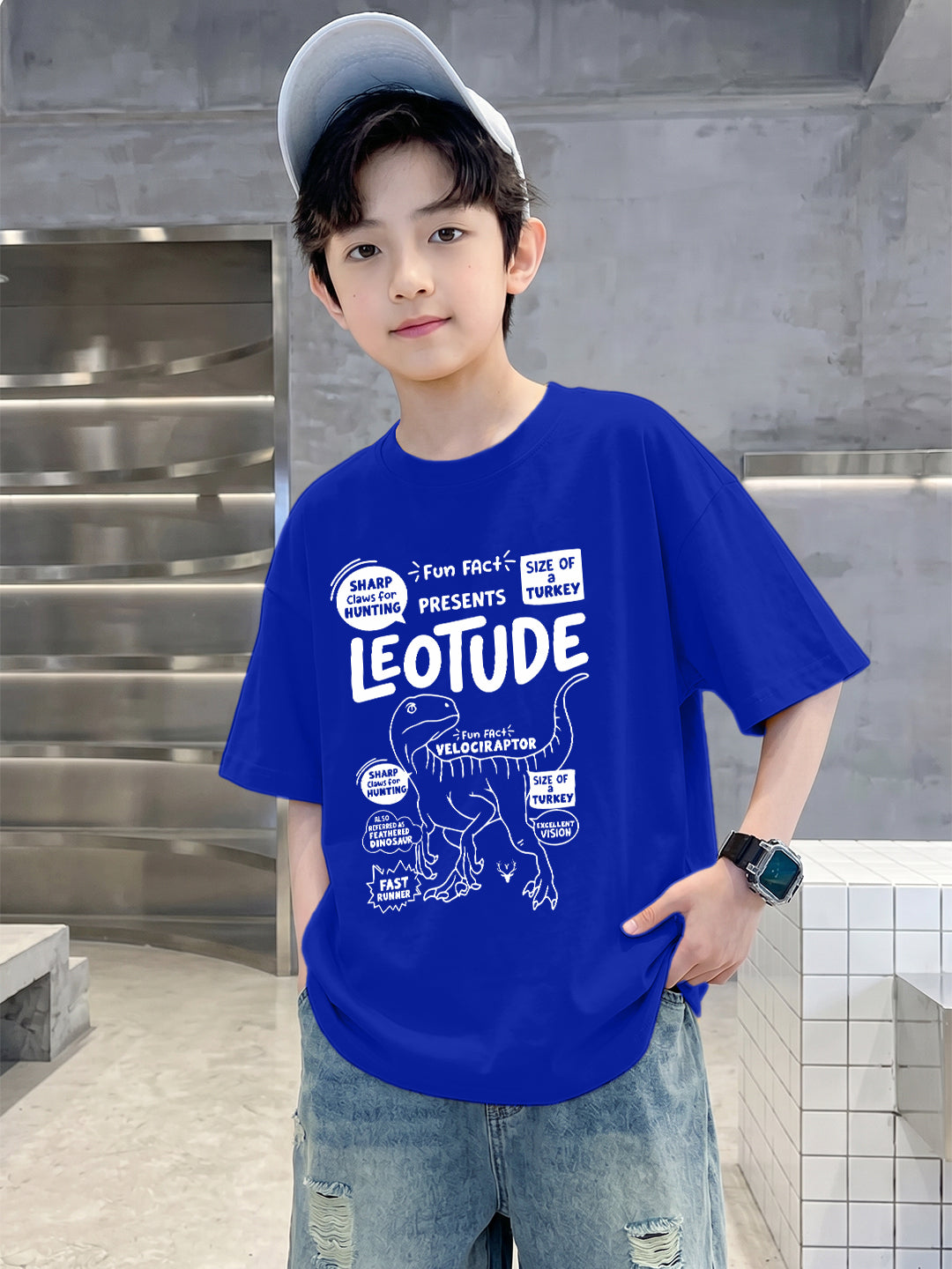 Leotude Boys' Blue Velociraptor Fun Facts Printed T-Shirt