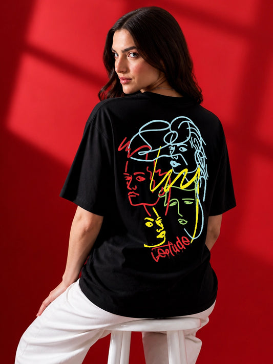 Leotude Black Abstract Faces Printed Oversized Tshirt for Women
