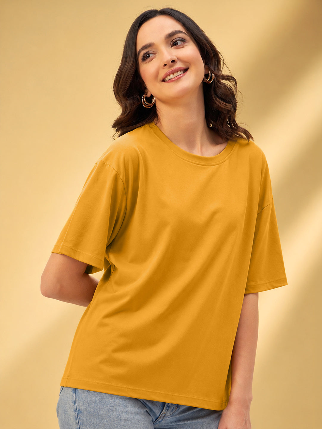 Leotude Oversized Plain T-Shirt — Women's Solid Cotton Drop-Shoulder Tee - Mustard
