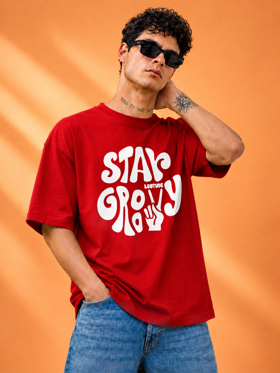 Leotude Men "Stay Groovy" Red Oversized T-Shirt