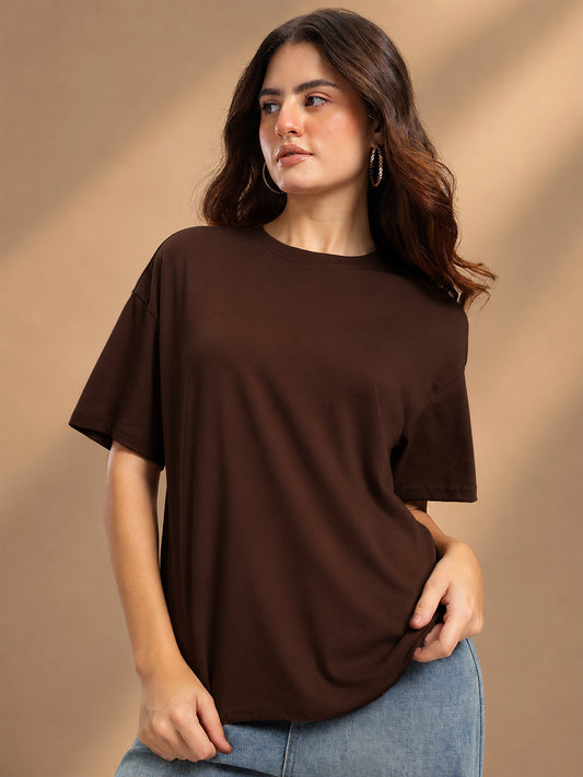 Leotude Oversized Plain T-Shirt — Women's Solid Cotton Drop-Shoulder Tee - Brown