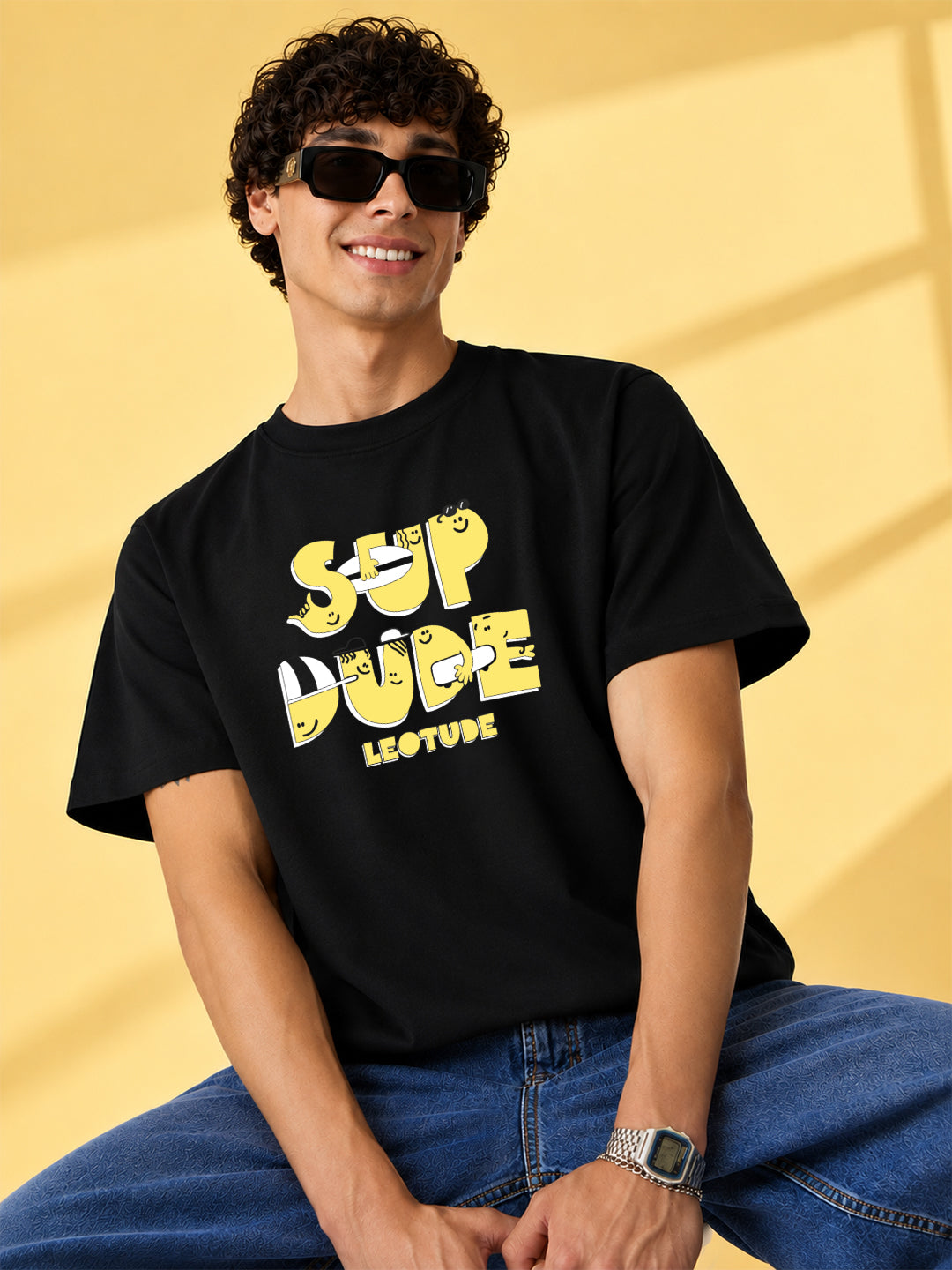 Leotude Black Sup Dude Printed Oversized Tshirt for Men