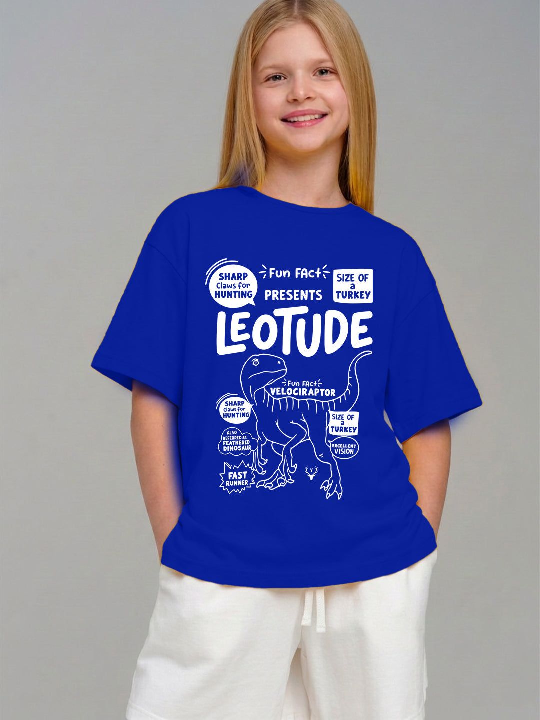 Leotude Girls' Blue Velociraptor Fun Facts Printed T-Shirt