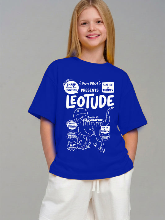 Leotude Girls' Blue Velociraptor Fun Facts Printed T-Shirt