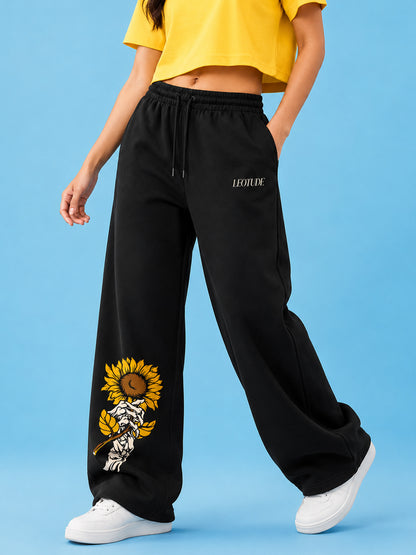 Leotude Women's Black Sunflower Premium Trackpants