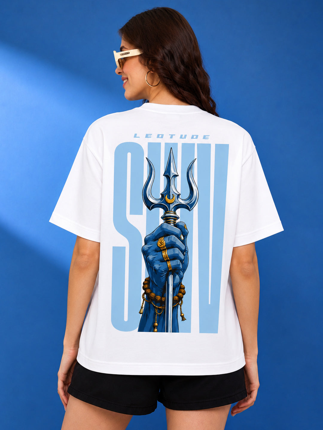 Leotude Women's "Shiv" Trishul Printed T-Shirt — White Oversized Backprint Tee