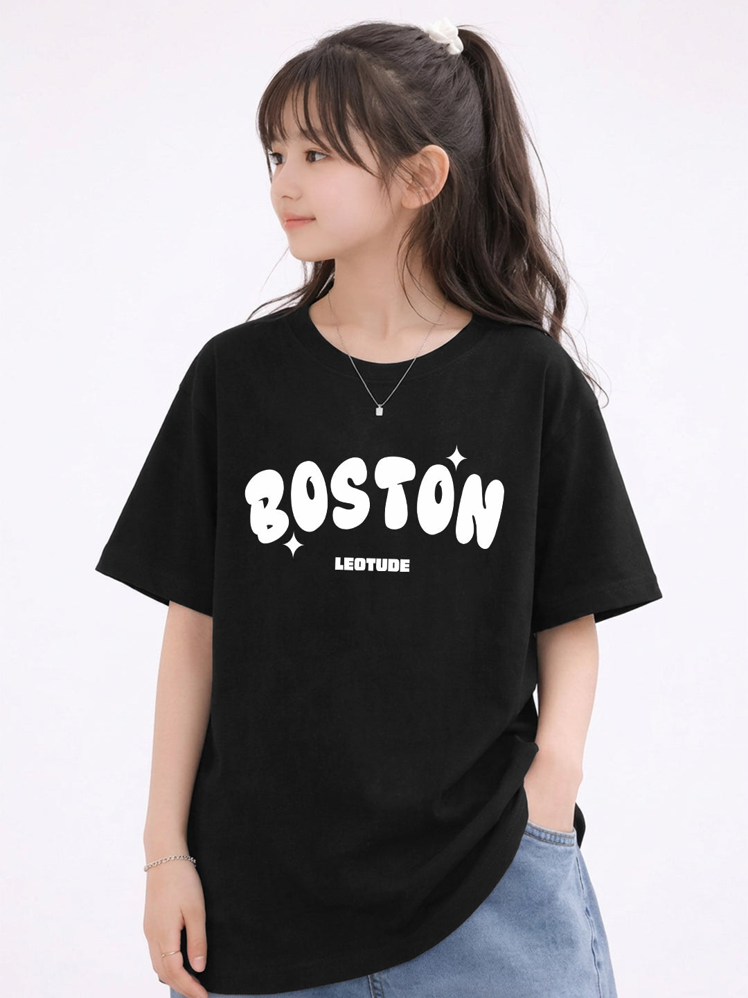 Leotude Girls' Black Boston Printed T-Shirt