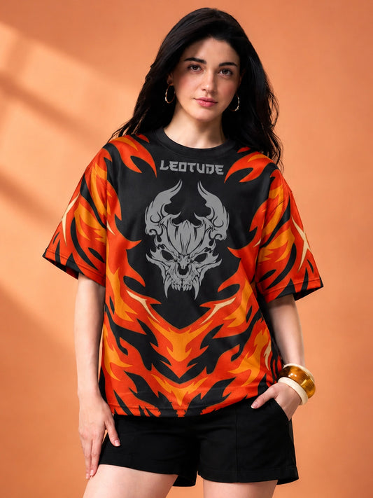 Leotude Women's Black Flame Demon Printed T-Shirt