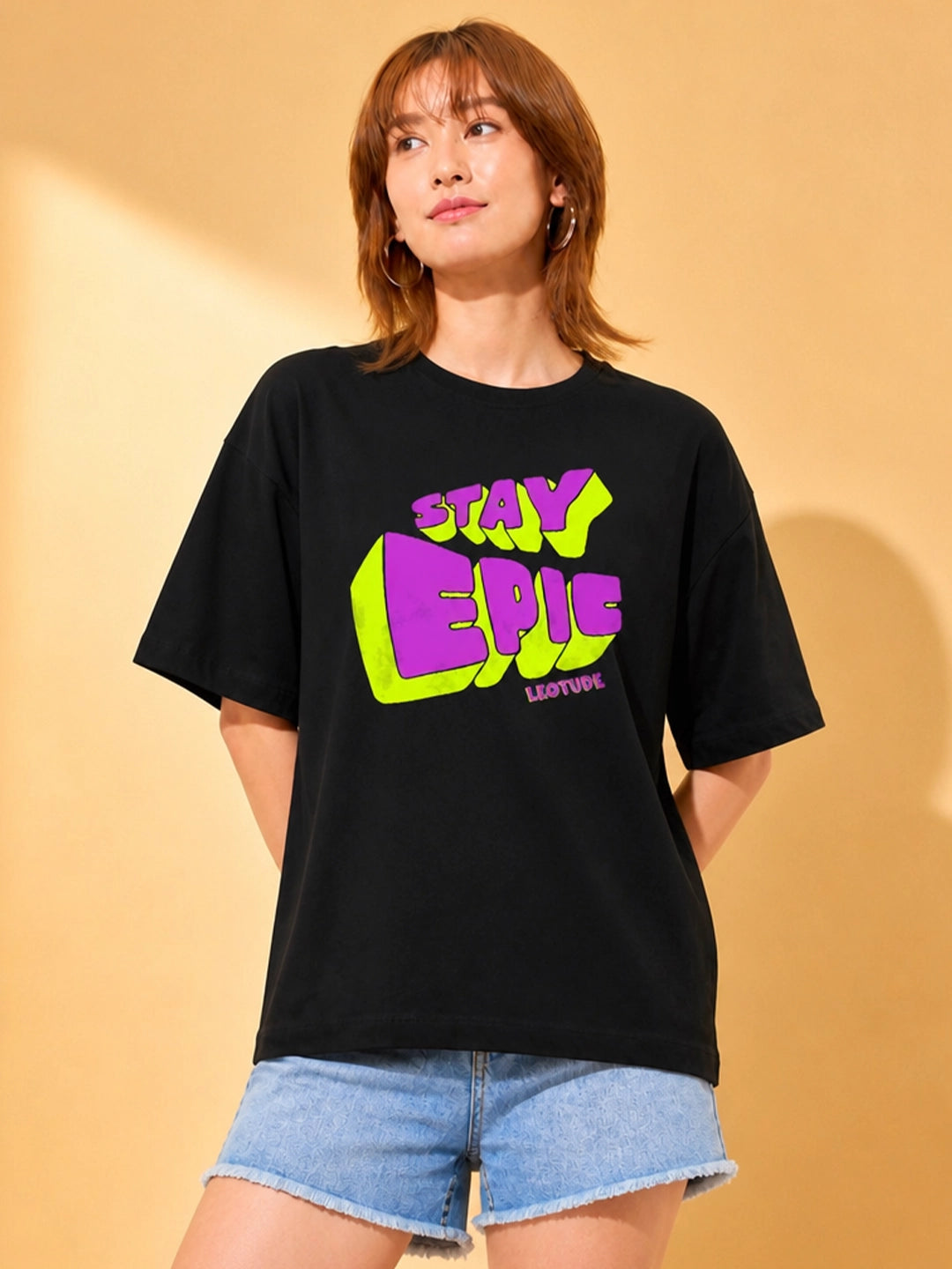 Leotude Black Stay Epic Printed Oversized Tshirt for Women