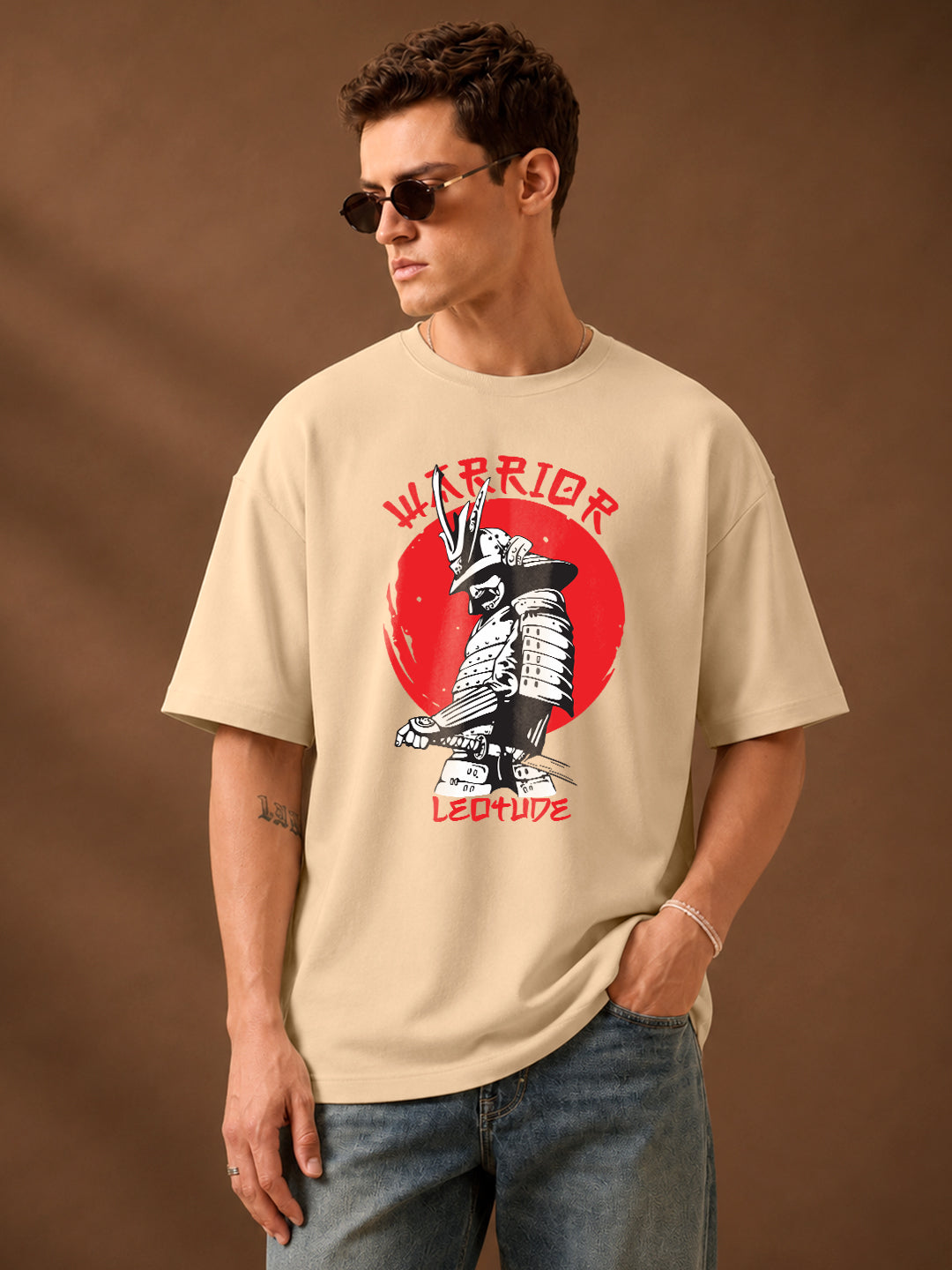 Leotude Men's "Warrior" Samurai Print Oversized T-Shirt — Beige Streetwear Tee