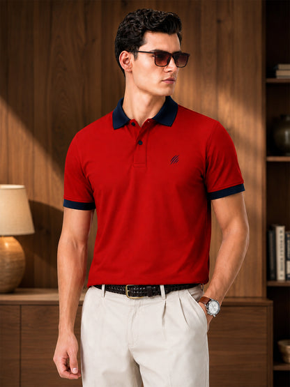 Leotude Men's Red Contrast Collar Polo T-Shirt