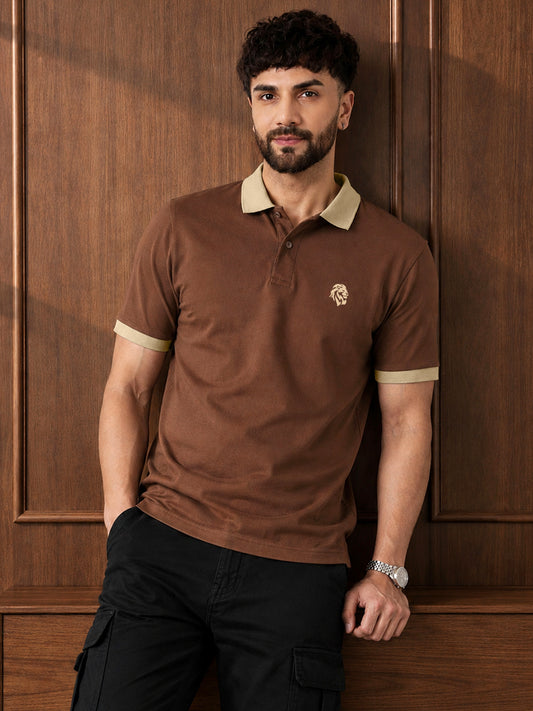 Leotude Men's Brown Contrast Collar Polo T-Shirt