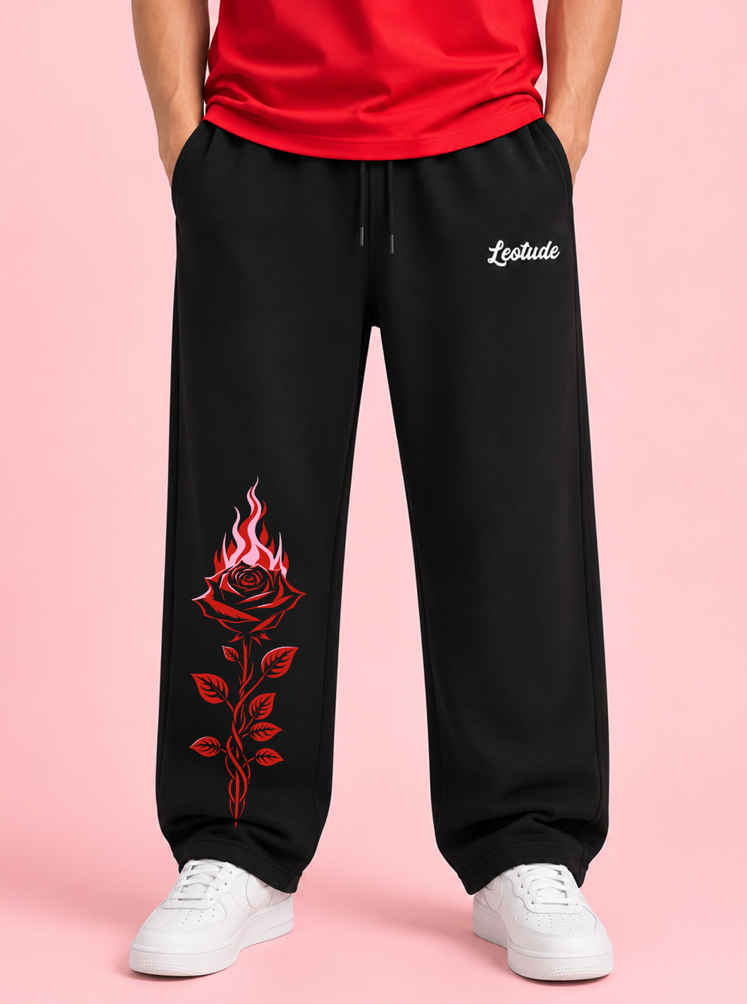 Leotude Men's Black Flame Rose Premium Trackpants