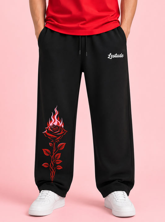 Leotude Men's Black Flame Rose Premium Trackpants