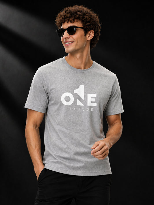 Leotude Men's Grey Melange One Printed T-Shirt