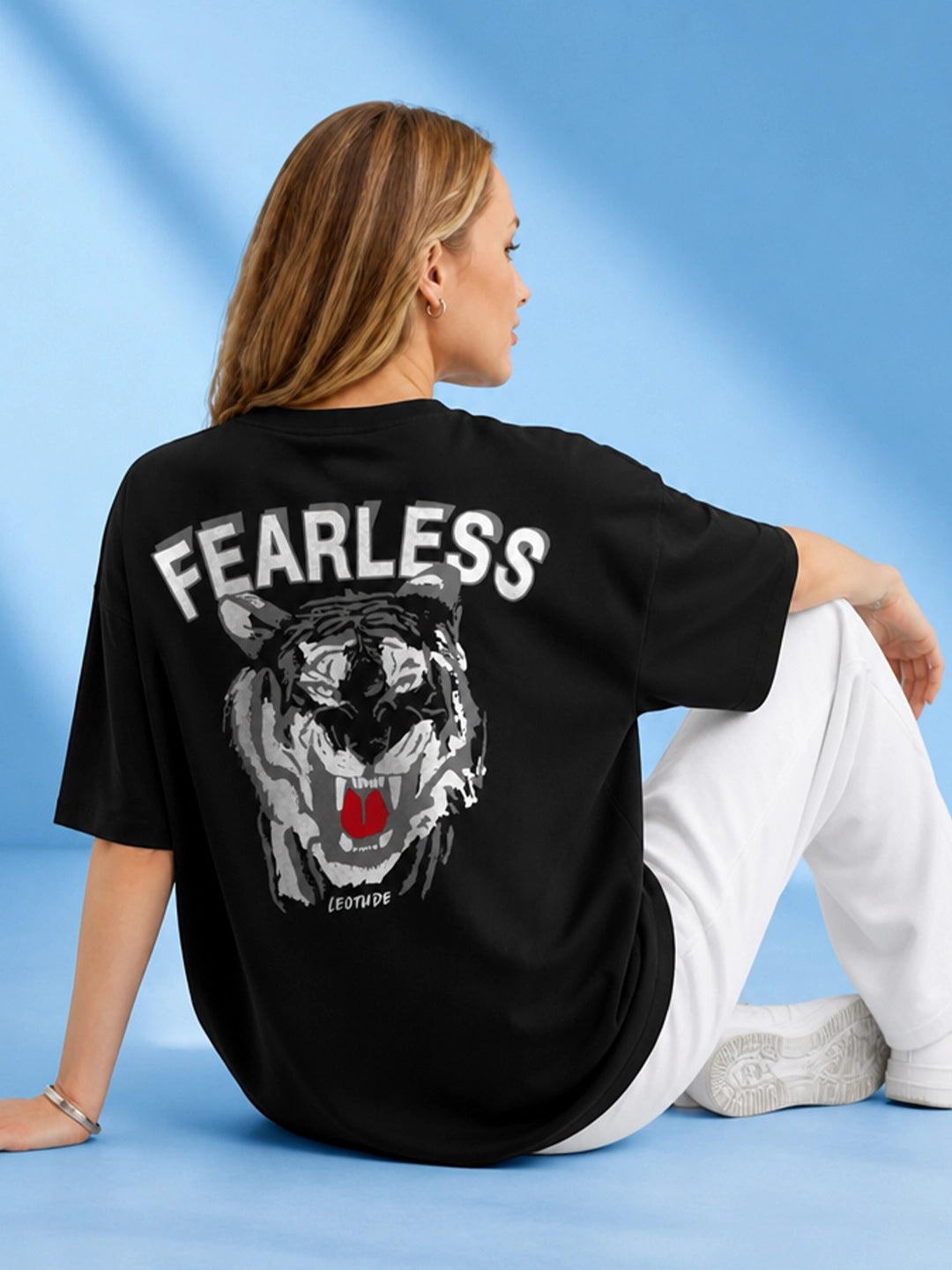 Leotude Black Fearless Printed Oversized Tshirt for Women