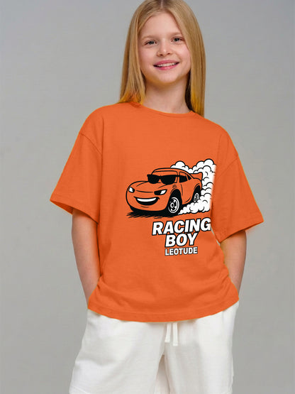 Leotude Girls' Orange Racing Boy Printed T-Shirt