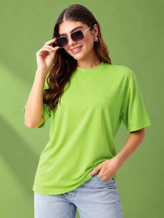 Leotude Oversized Plain T-Shirt — Women's Solid Cotton Drop-Shoulder Tee - Neon