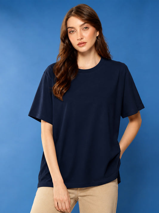 Leotude Oversized Plain T-Shirt — Women's Solid Cotton Drop-Shoulder Tee - Navy
