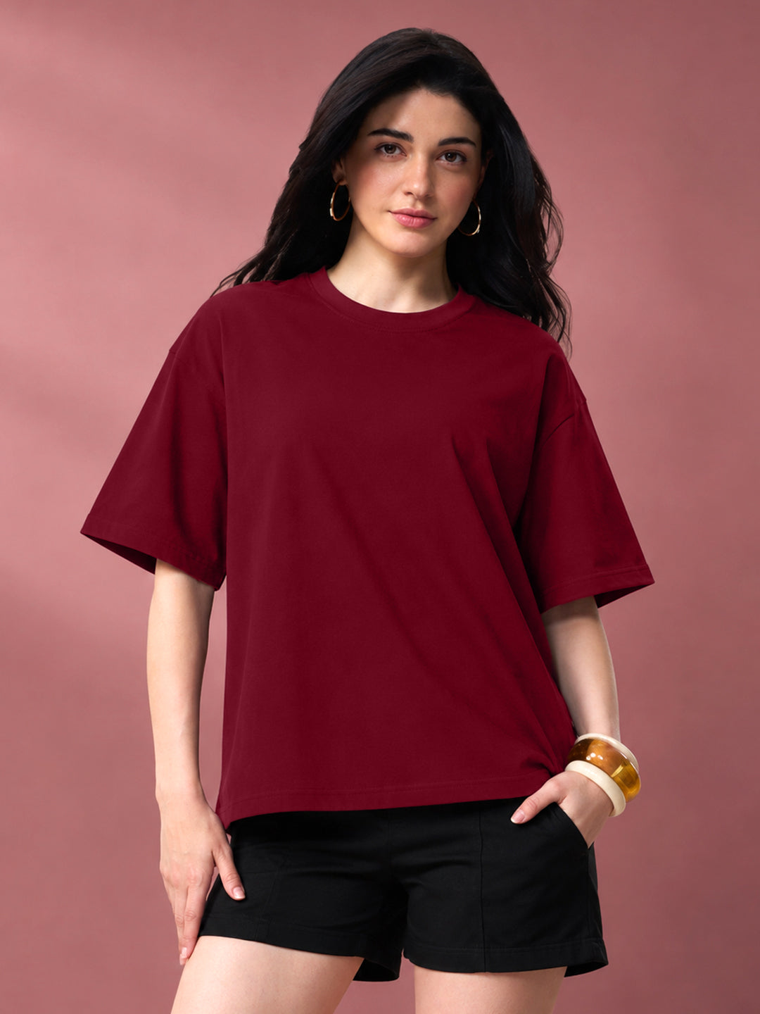 Leotude Oversized Plain T-Shirt — Women's Solid Cotton Drop-Shoulder Tee - Maroon