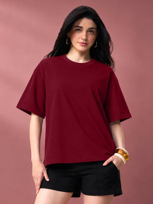 Leotude Oversized Plain T-Shirt — Women's Solid Cotton Drop-Shoulder Tee - Maroon