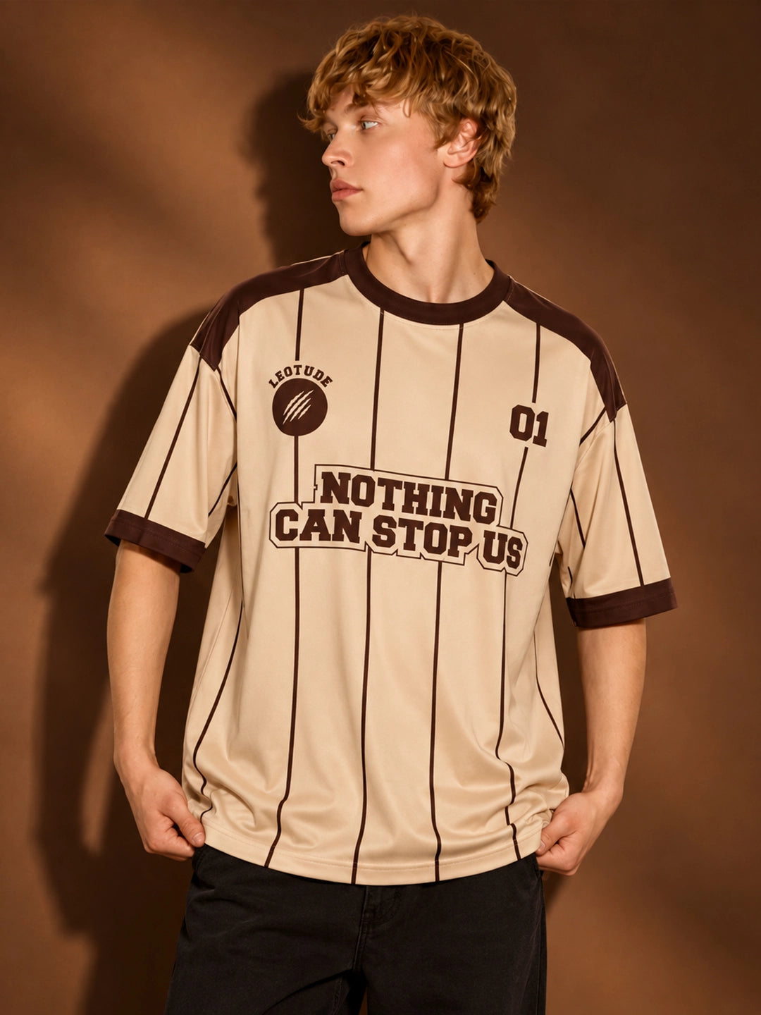 Leotude Men's Beige Nothing Can Stop Us Printed T-Shirt