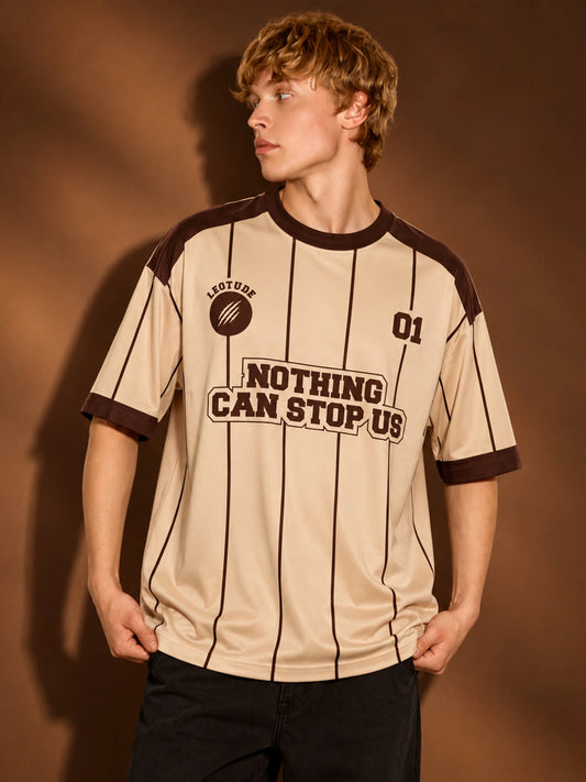 Leotude Men's Beige Nothing Can Stop Us Printed T-Shirt