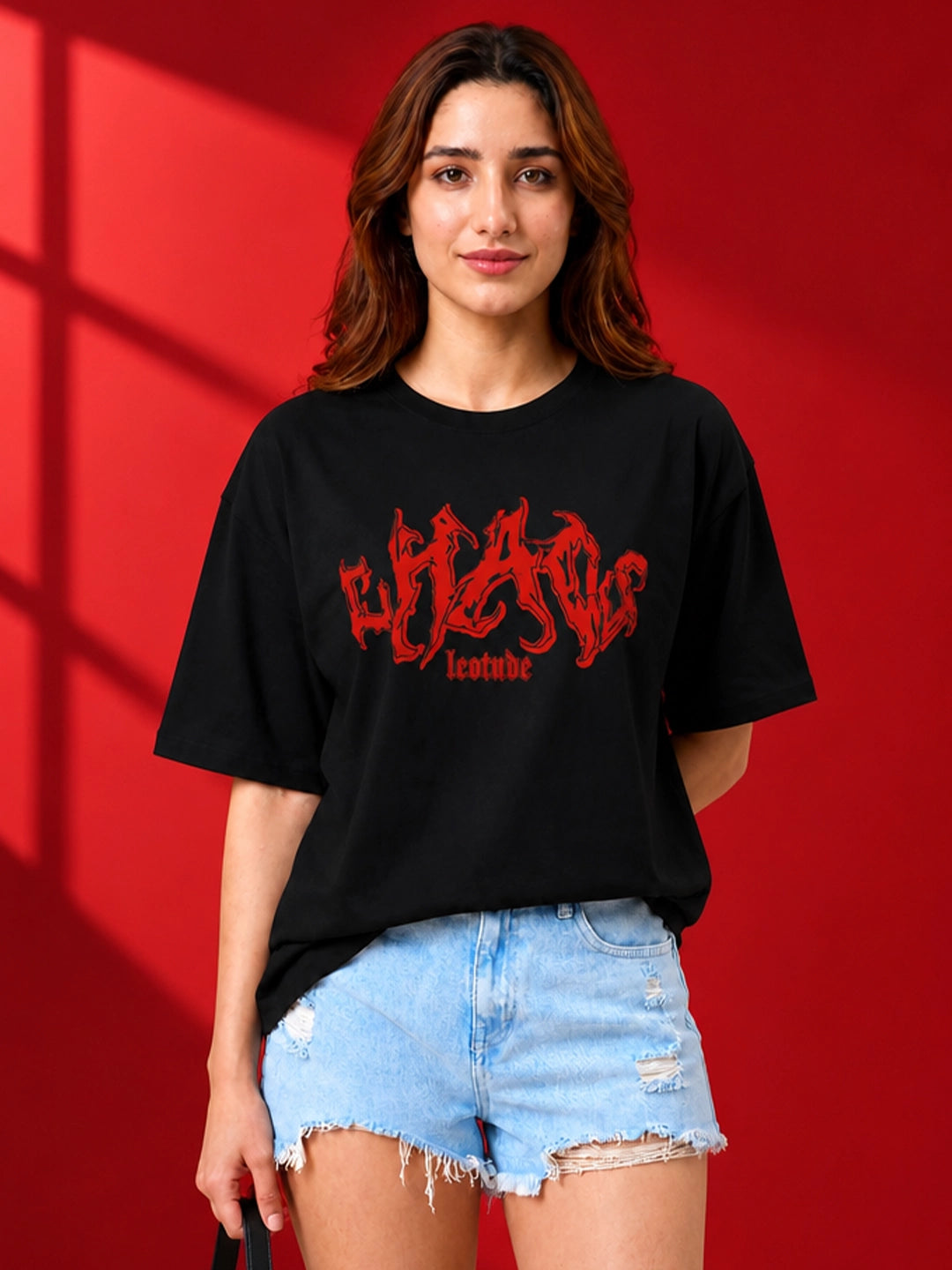 Leotude Black Chaos Printed Oversized Tshirt for Women