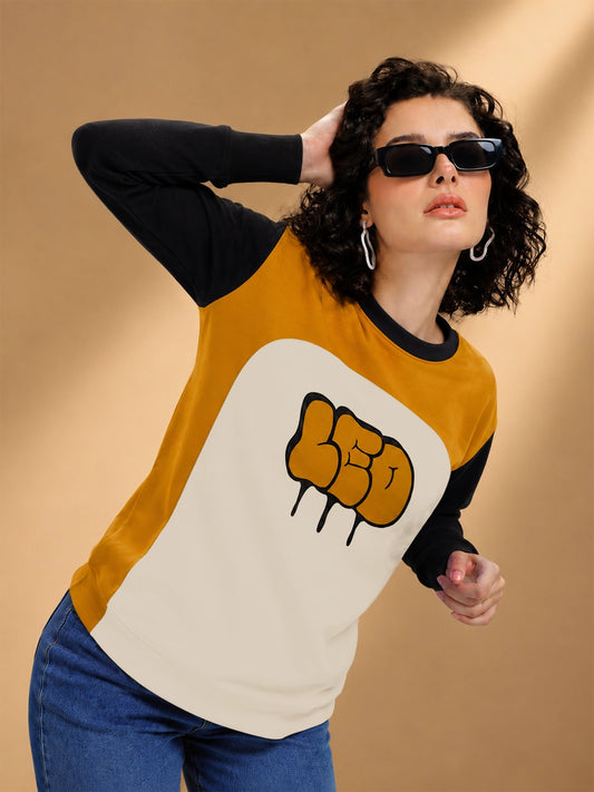 Leotude Women's Mustard Leo Colour Block Full Sleeve T-Shirt