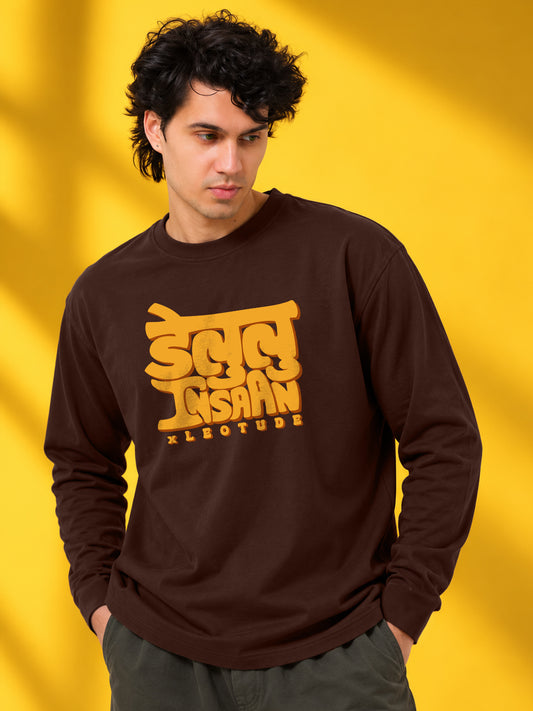 Leotude Men's Brown Delulu Insaan Full Sleeve T-Shirt