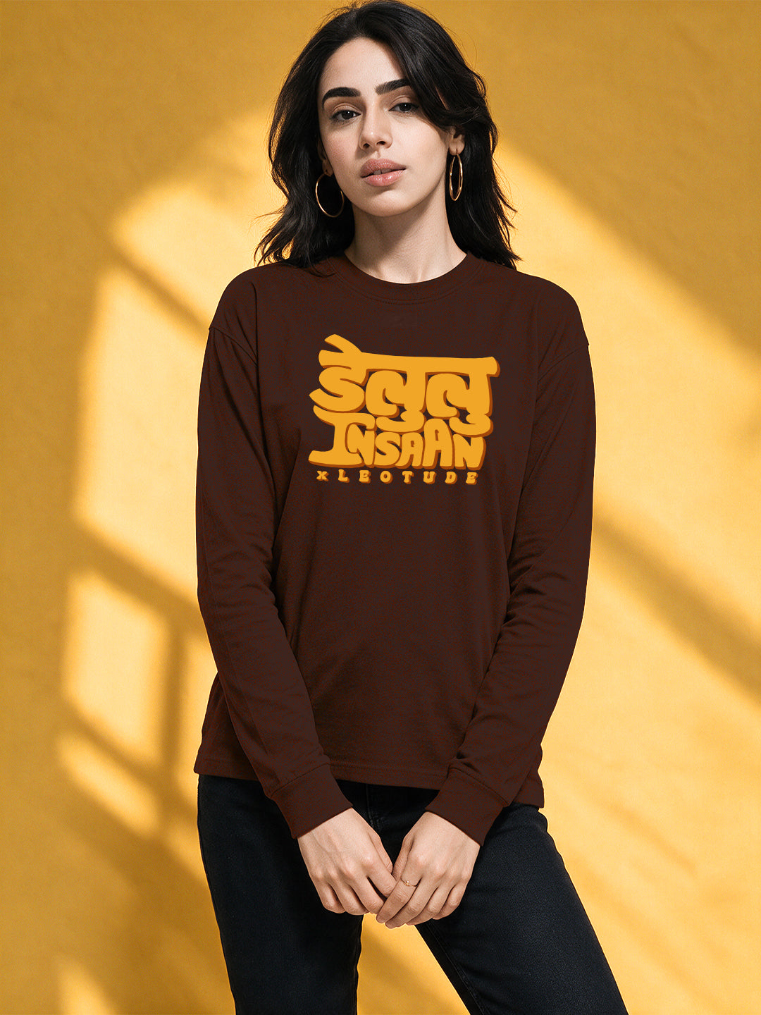 Leotude Women's Brown Delulu Insaan Full Sleeve T-Shirt