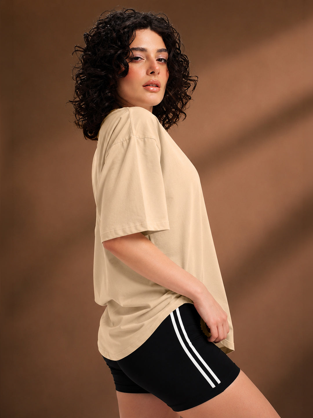 Leotude Oversized Plain T-Shirt — Women's Solid Cotton Drop-Shoulder Tee - Beige