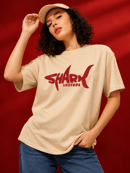 Leotude Beige Shark Printed Oversized Tshirt for Women