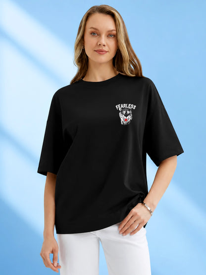 Leotude Black Fearless Printed Oversized Tshirt for Women