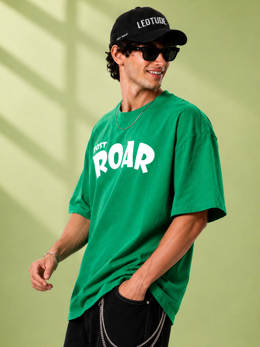 Leotude Men "Just Roar" Green Oversized T-Shirt
