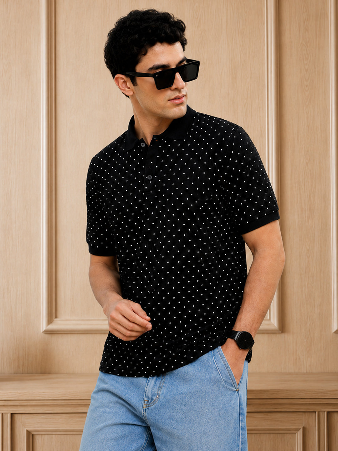 Leotude Men's Black Polka Dot Printed Polo T-Shirt