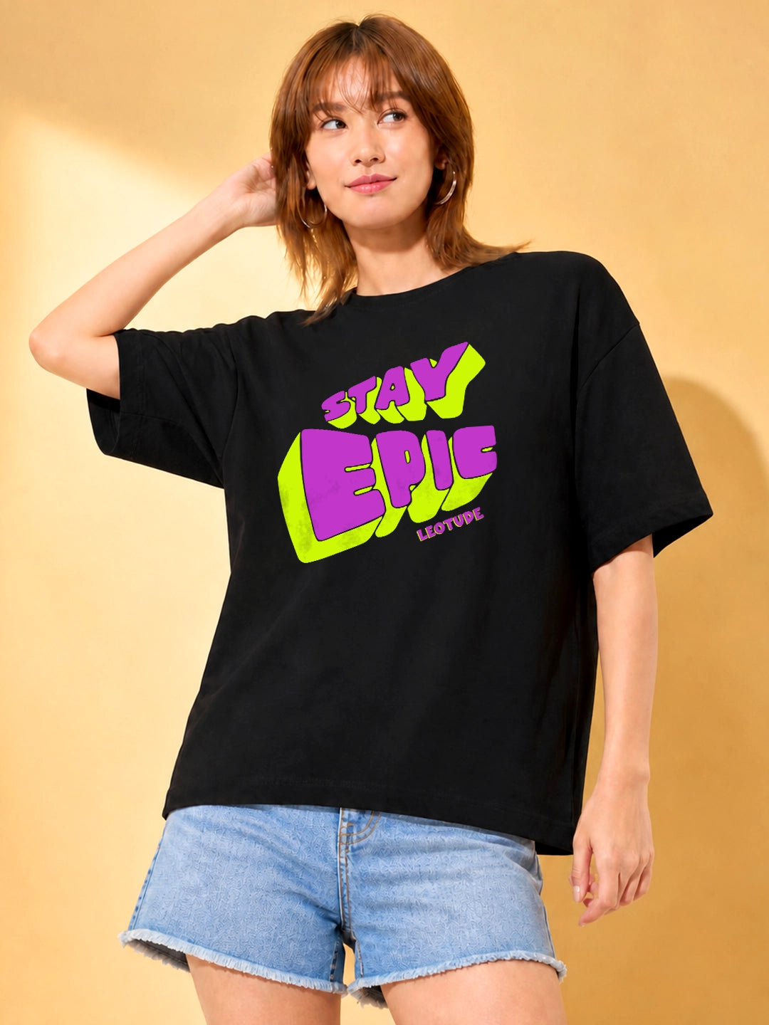 Leotude Black Stay Epic Printed Oversized Tshirt for Women