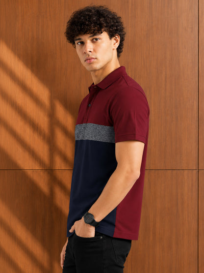 Leotude Men's Maroon Colour Block Polo T-Shirt