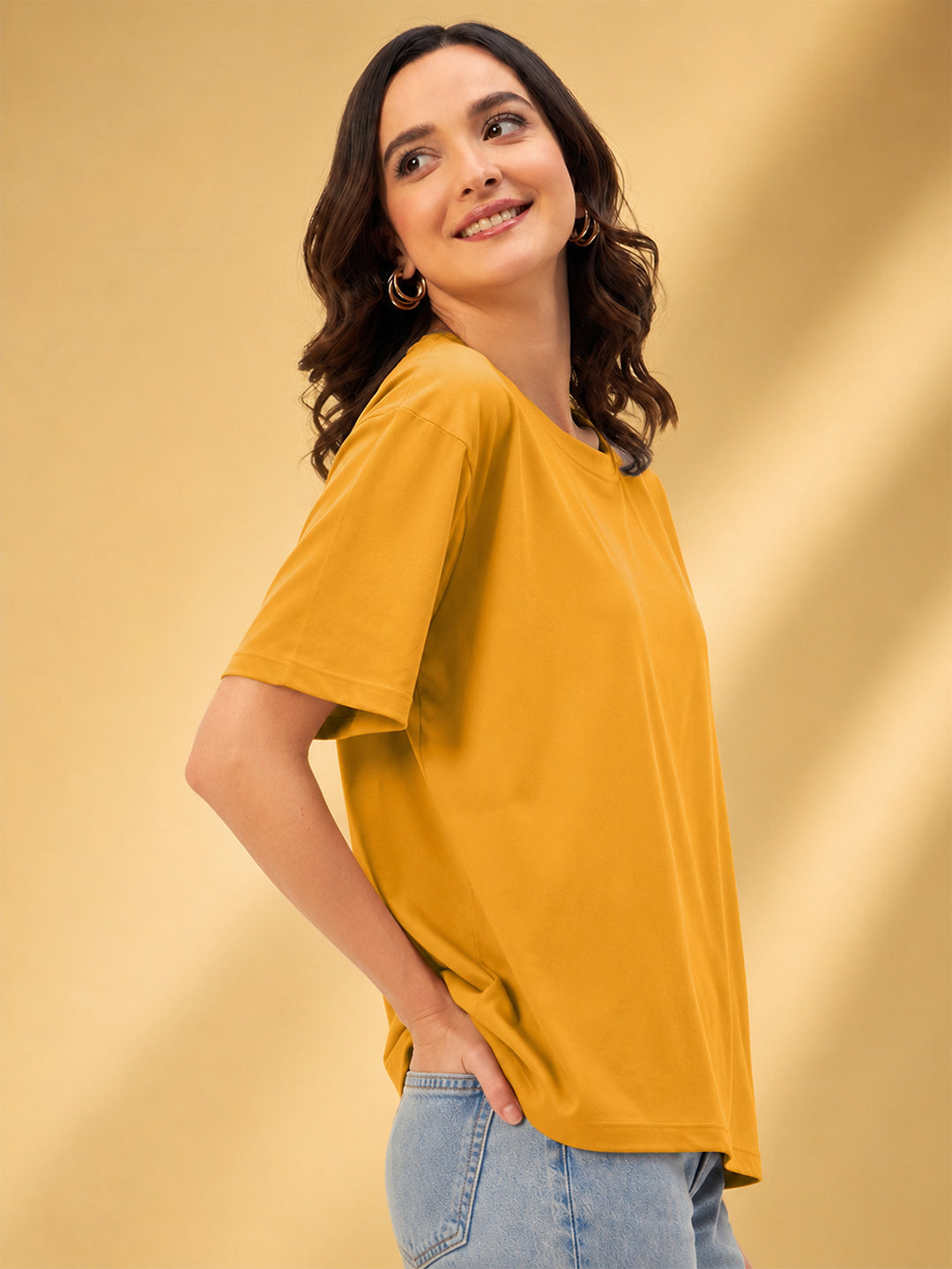 Leotude Oversized Plain T-Shirt — Women's Solid Cotton Drop-Shoulder Tee - Mustard