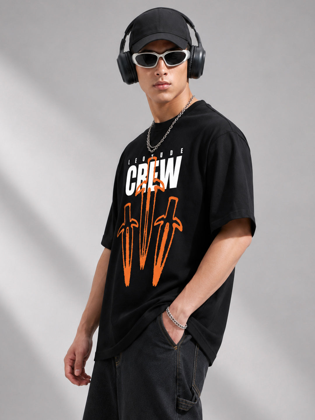 Leotude Men "Crew" Printed Oversized T-Shirt — Black Streetwear Tee