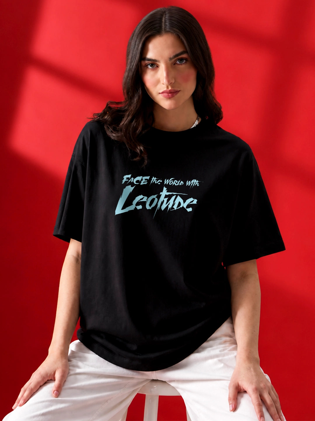 Leotude Black Abstract Faces Printed Oversized Tshirt for Women
