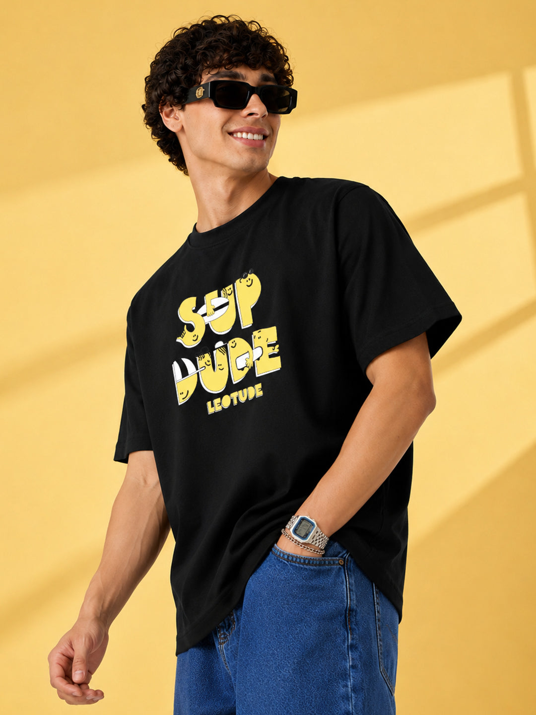 Leotude Black Sup Dude Printed Oversized Tshirt for Men