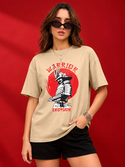 Leotude Beige Warrior Printed Oversized Tshirt for Women