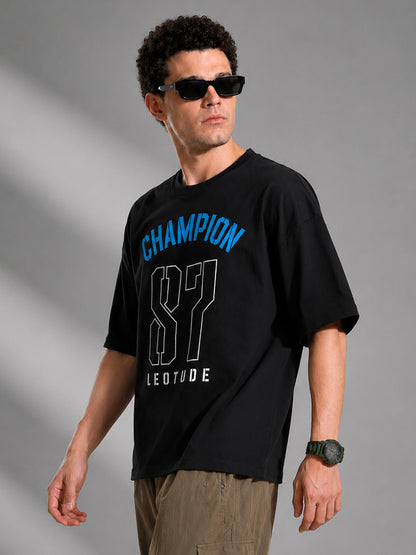 Leotude Men's "Champion 87" Printed Oversized T-Shirt — Black Streetwear Tee