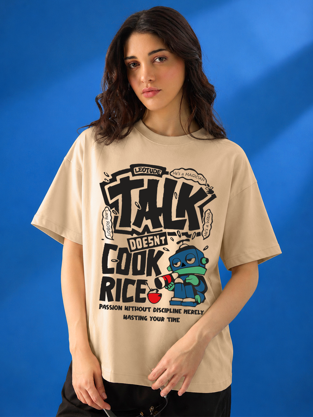 Leotude Beige Talk Printed Oversized Tshirt for Women