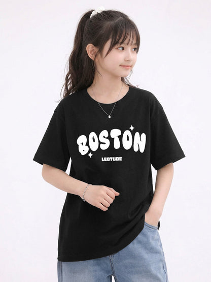 Leotude Girls' Black Boston Printed T-Shirt