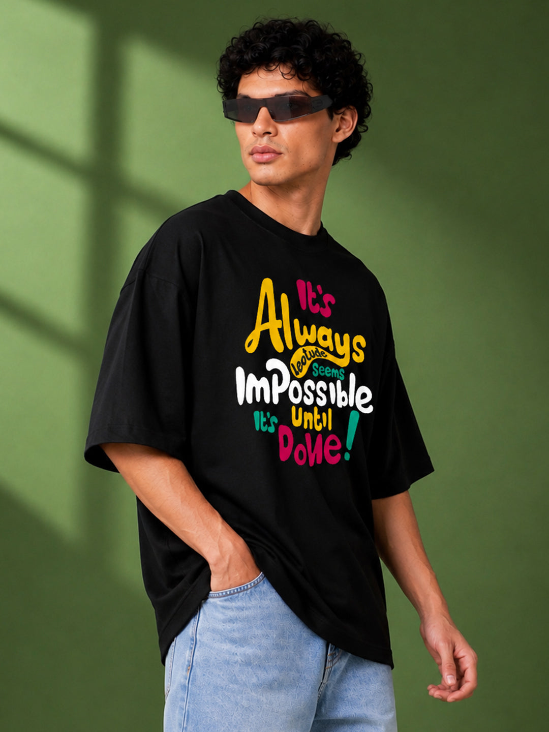 Leotude Black Impossible Printed Oversized Tshirt for Men